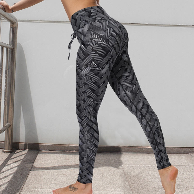 Sexy High Waist Fitness Iron weave Leggings Weaving Printed Tie Women