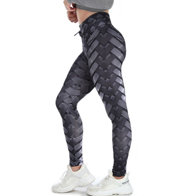 Sexy High Waist Fitness Iron weave Leggings Weaving Printed Tie Women