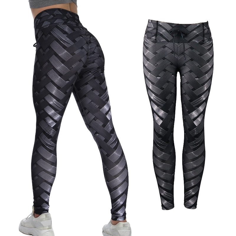 Sexy High Waist Fitness Iron weave Leggings Weaving Printed Tie Women