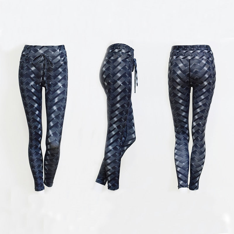 Sexy High Waist Fitness Iron weave Leggings Weaving Printed Tie Women